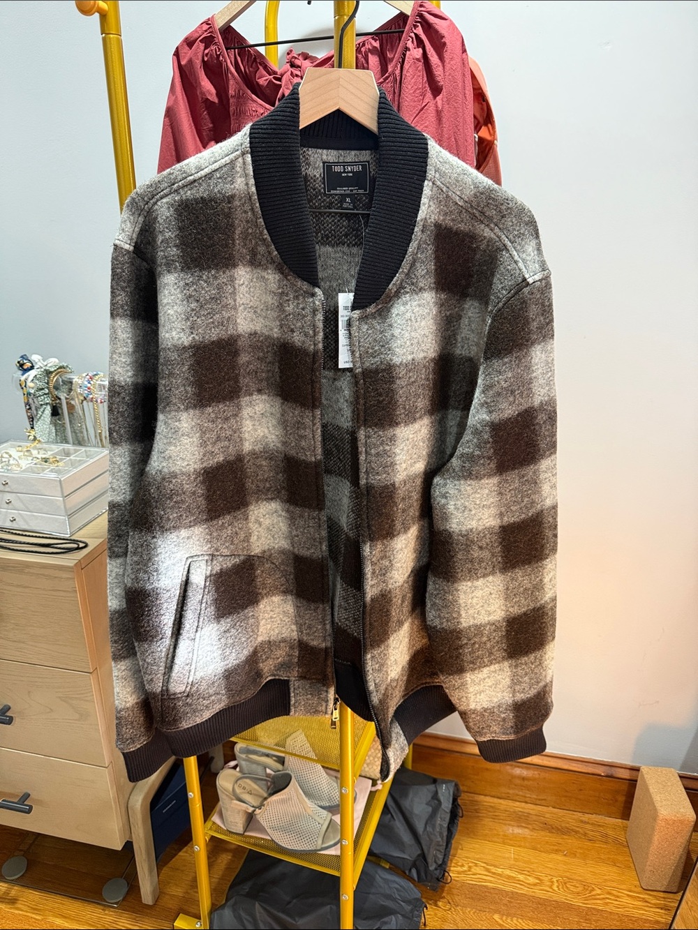Todd Snyder Black and Grey Plaid Zip Bomber Jacket